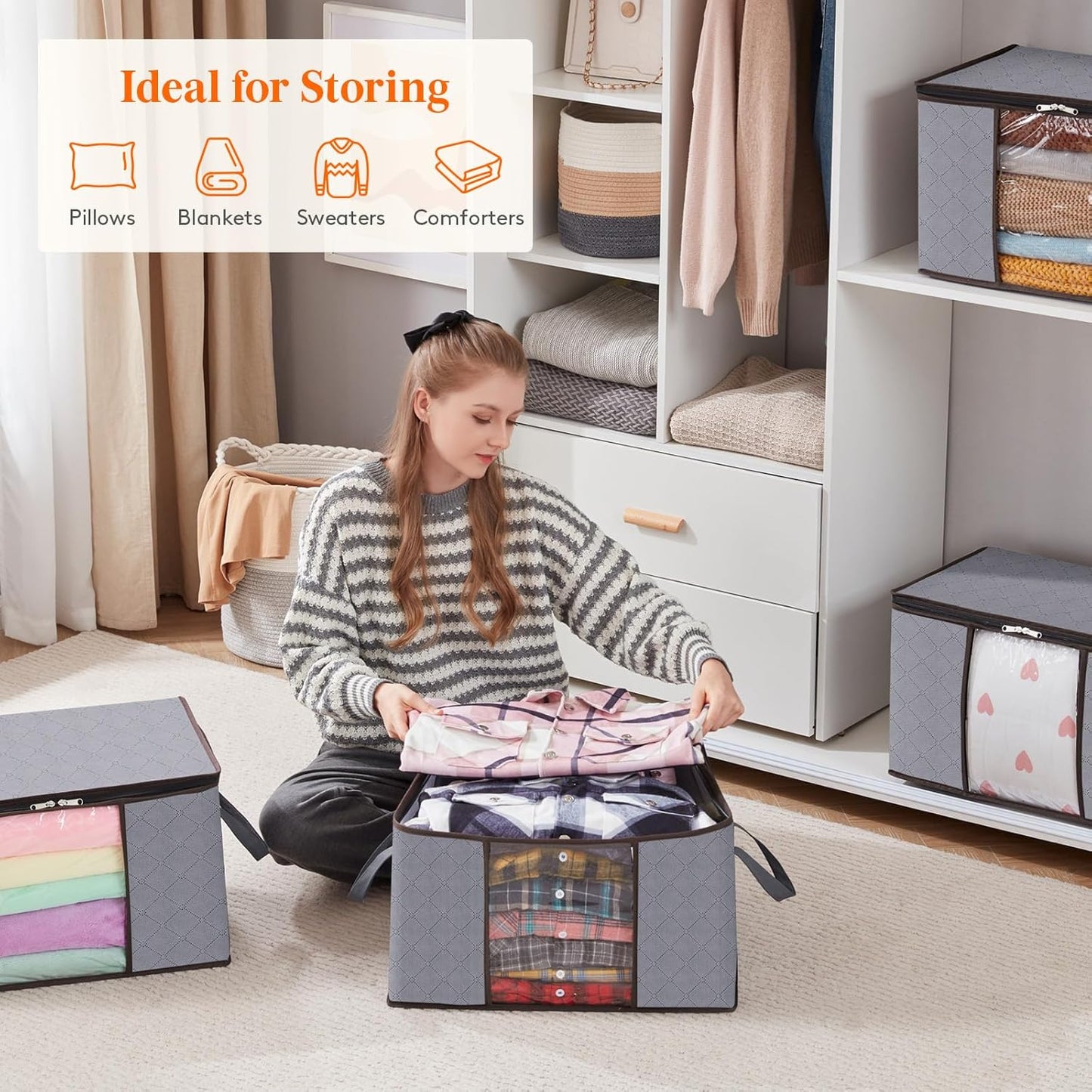 Lifewit 50L Clothes Storage Boxes, Storage Bags Moving Boxes Wardrobe Storage Organiser with Reinforced Handle Sturdy Fabric Clear Window for Clothing Bedding Sweater T-Shirt, , Light Grey
