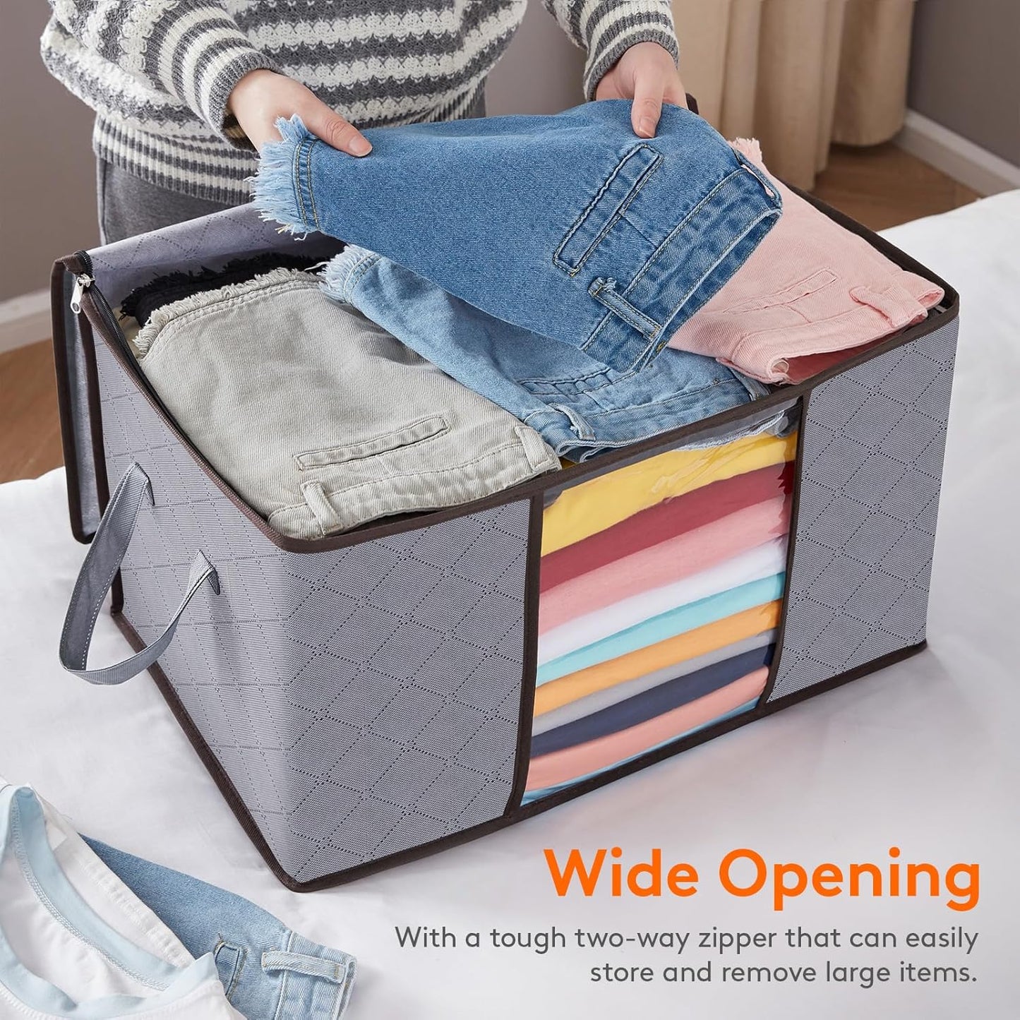 Lifewit 50L Clothes Storage Boxes, Storage Bags Moving Boxes Wardrobe Storage Organiser with Reinforced Handle Sturdy Fabric Clear Window for Clothing Bedding Sweater T-Shirt, , Light Grey