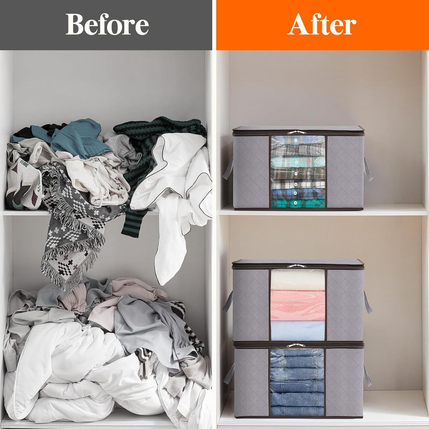 Lifewit 50L Clothes Storage Boxes, Storage Bags Moving Boxes Wardrobe Storage Organiser with Reinforced Handle Sturdy Fabric Clear Window for Clothing Bedding Sweater T-Shirt, , Light Grey